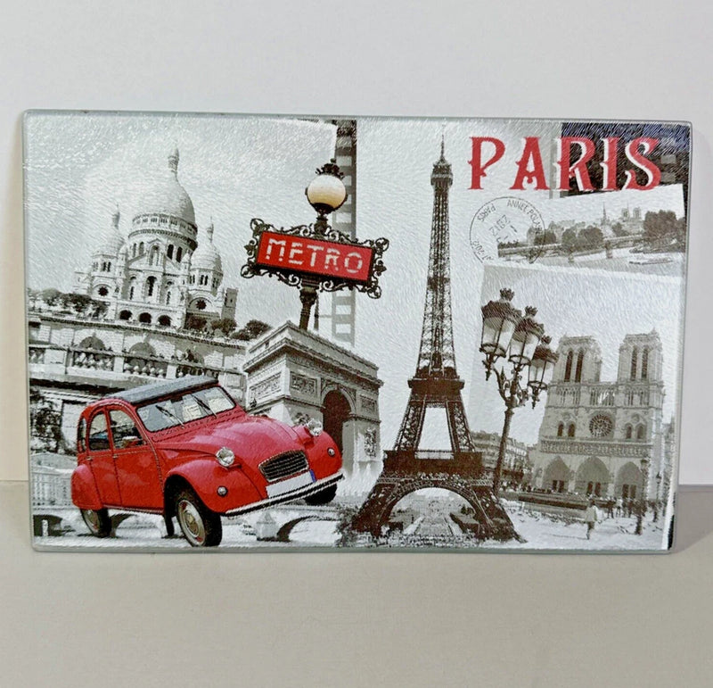Paris Scenes Textured Tempered Glass Cutting Board 12" x 8" w White Back. Model