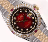 Rolex Datejust 2 Tone 36mm-Red Vign. String Diamond Dial-Diamond Lug/Ruby Bezel Model