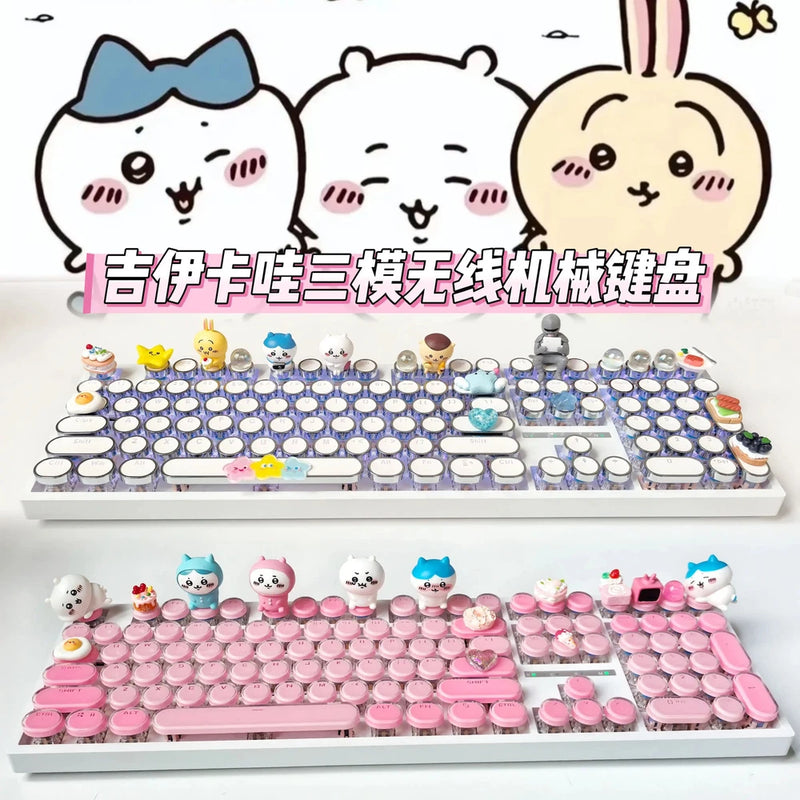 Cute Chiikawa Hachiware Doll Keycaps RGB Tri-Mode Mechanical Keyboard 108 Keys Model
