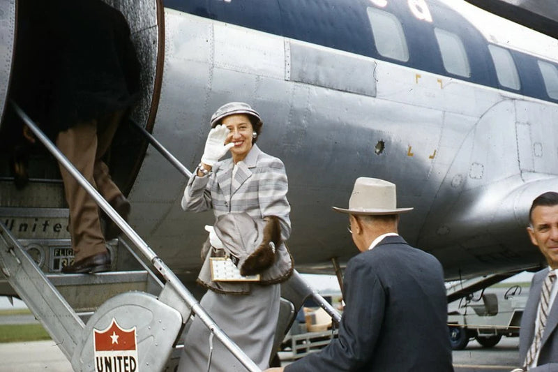 35mm Slide 1950s Red Border Kodachrome Pretty Woman Boarding United Airplane Model