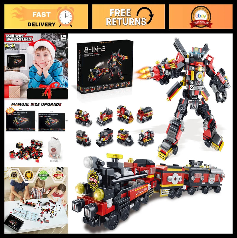 "8-in-2 Building Block Toys for Kids 6-12 | Steam Train & Robot Models | Gift Id Model