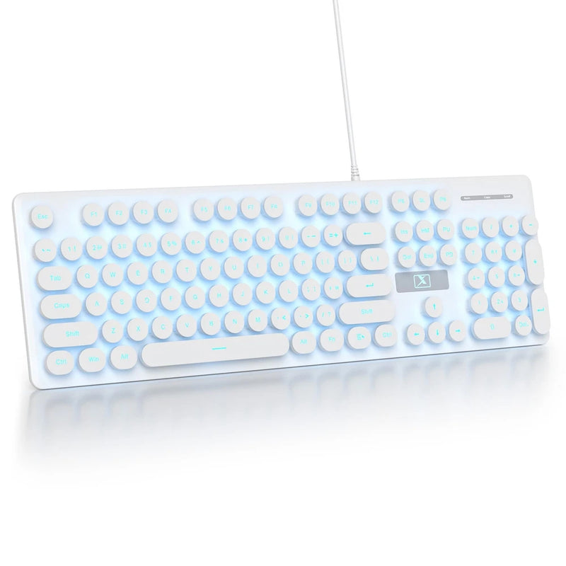 Cute Quiet Keyboard White Wired Typewriter Light Up Backlit Round Keys 104 Model