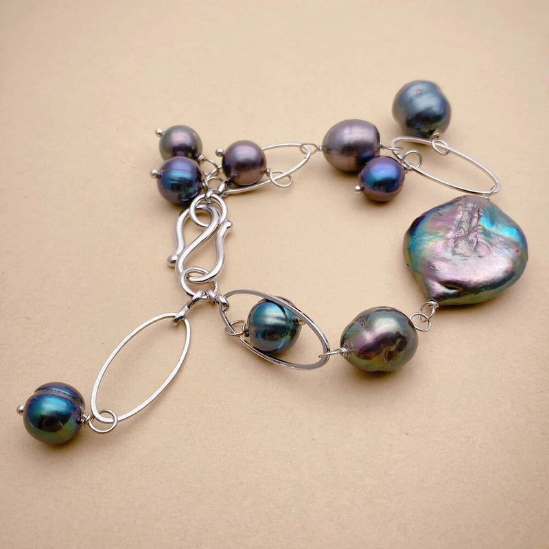 Freshwater Black Keshi Pearl Rice Pearl Chain Charm Bracelet Women Jewelry Charms