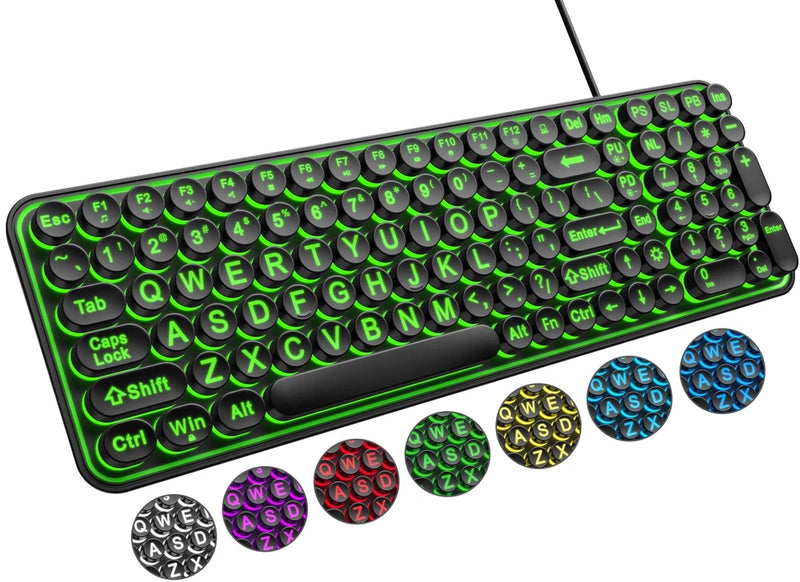 Large Print 7Color Backlit Wired USB Typewriter Keyboard Round Caps Model