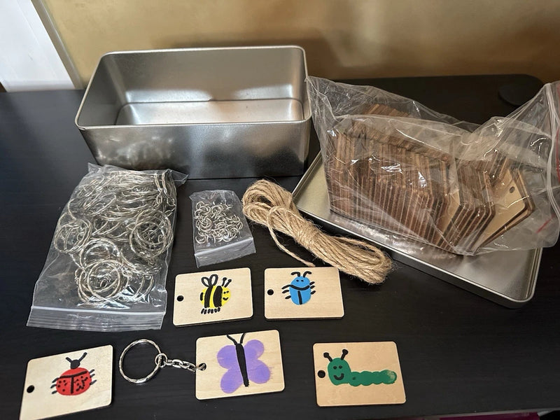 DIY Wooden Keychain & Necklace Making Kit - 67 Blank Tags, Hardware, Tin Model