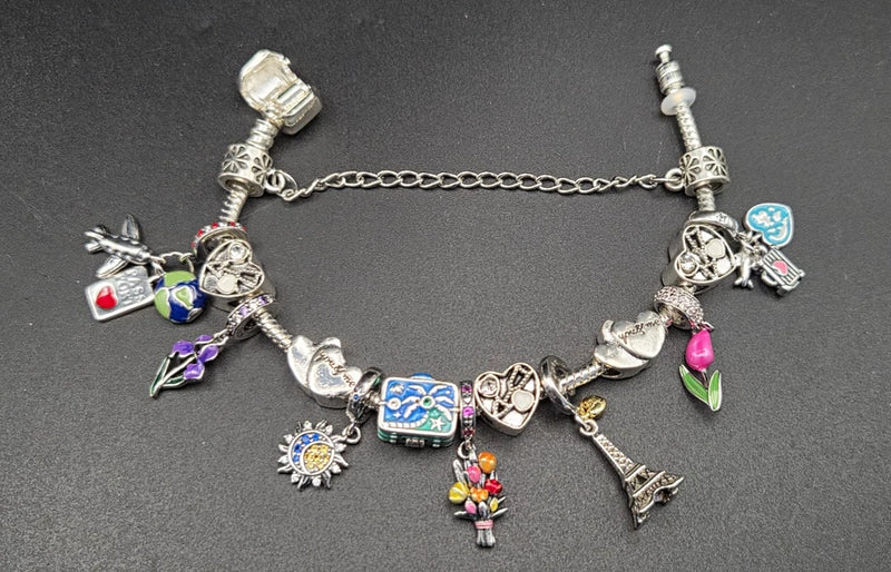 Sterling Silver Snake Chain Charm Bracelet w/ Enamel and Sterling Charms Travel Charms