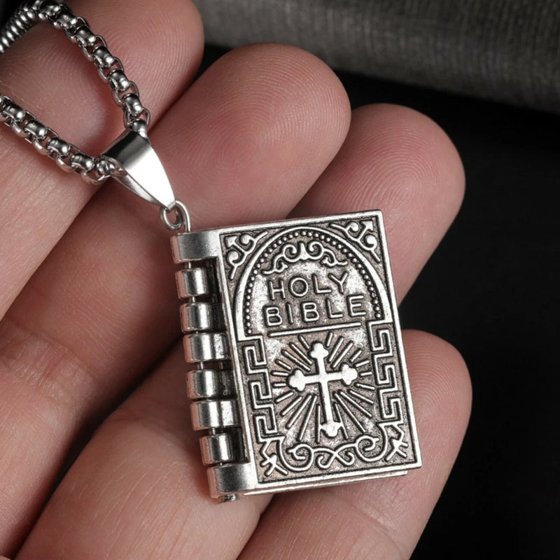Men Silver Cross Bible Book Pendant Necklace Chain Christian Jewelry Gift Charms