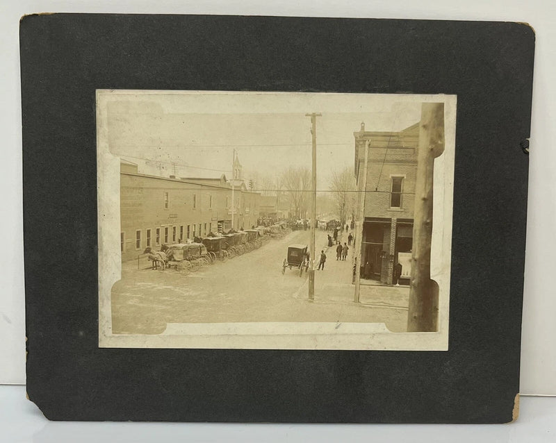 Photo on Board View Main Street Town w/ Horse & Buggy Carriages Cabinet Card Model