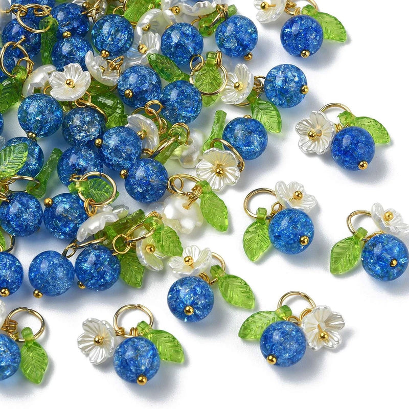50pcs Blueberry Fruit Charms Glass Berry Blue Pendants Flower Leaf for Jewelry Charms