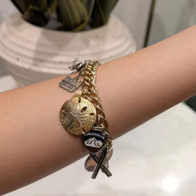 Vintage PNW Travel Charm Bracelet Space Needle Bell Trading Sterling Buffalo Charms