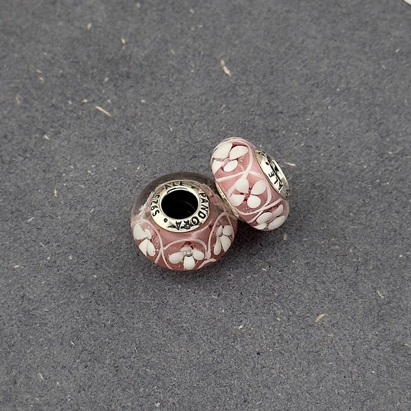 Pandora Set Of Two Pink/Red Flower for You Murano Glass Charm Charms