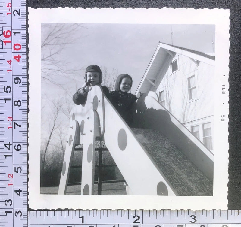 1958 Little Boys Sliding Board Backyard Fun Toys Vintage BW Photo Snapshot Model