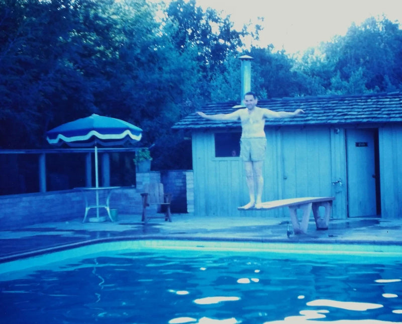 1970s Man on Diving Board Vintage Swimming Pool Blue Tone 35mm Slide Model