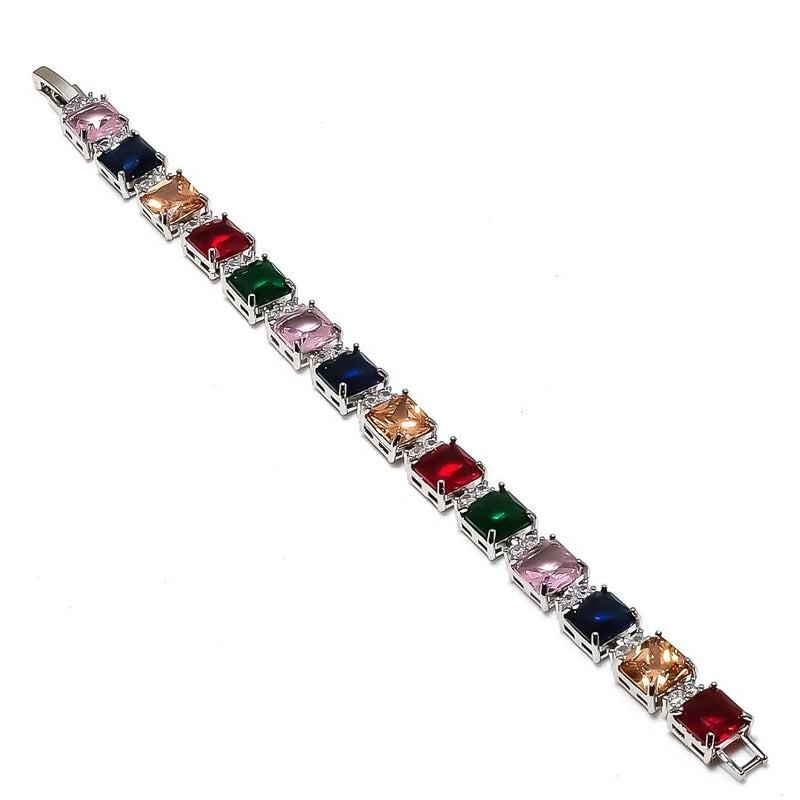 Faceted Multi Cut Stone Handmade 925 Sterling Silver Jewelry CZ Bracelet 7" E070 Charms